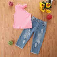 Toddler Kids Girls Solid Color Vest Denim Pants Set Children's Wholesale Clothing Vendors - PrettyKid