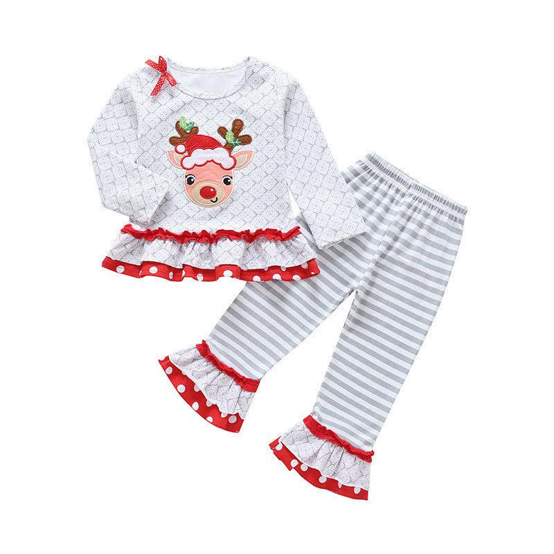 Girls Santa Claus Print Top Striped Pants Set - PrettyKid