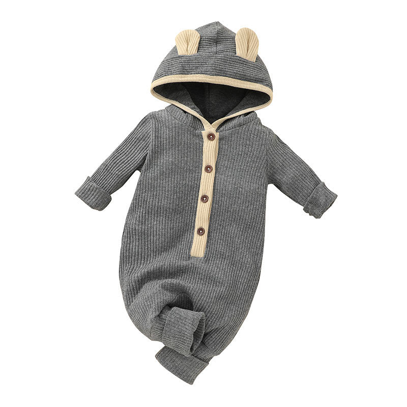 Baby Boys Girls Solid Color Long Sleeved Knitted Hooded Jumpsuit Creeper - PrettyKid