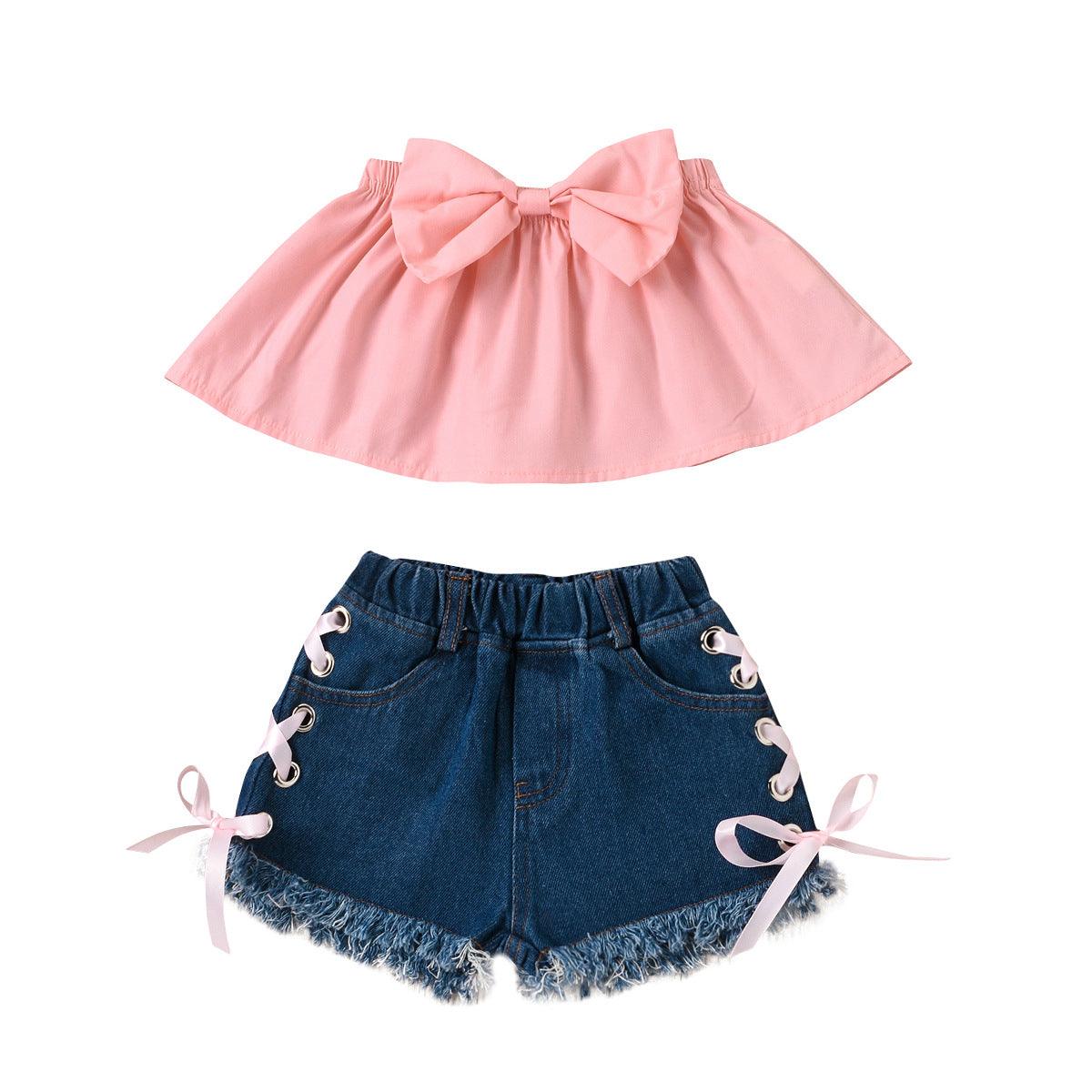 Girls' Solid Color Bow Bra Top Lace-up Denim Shorts Two-piece Set