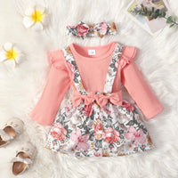 Baby Girls Solid Color Long Sleeve Jumpsuit Flower Print Suspender Skirt Bow Set - PrettyKid