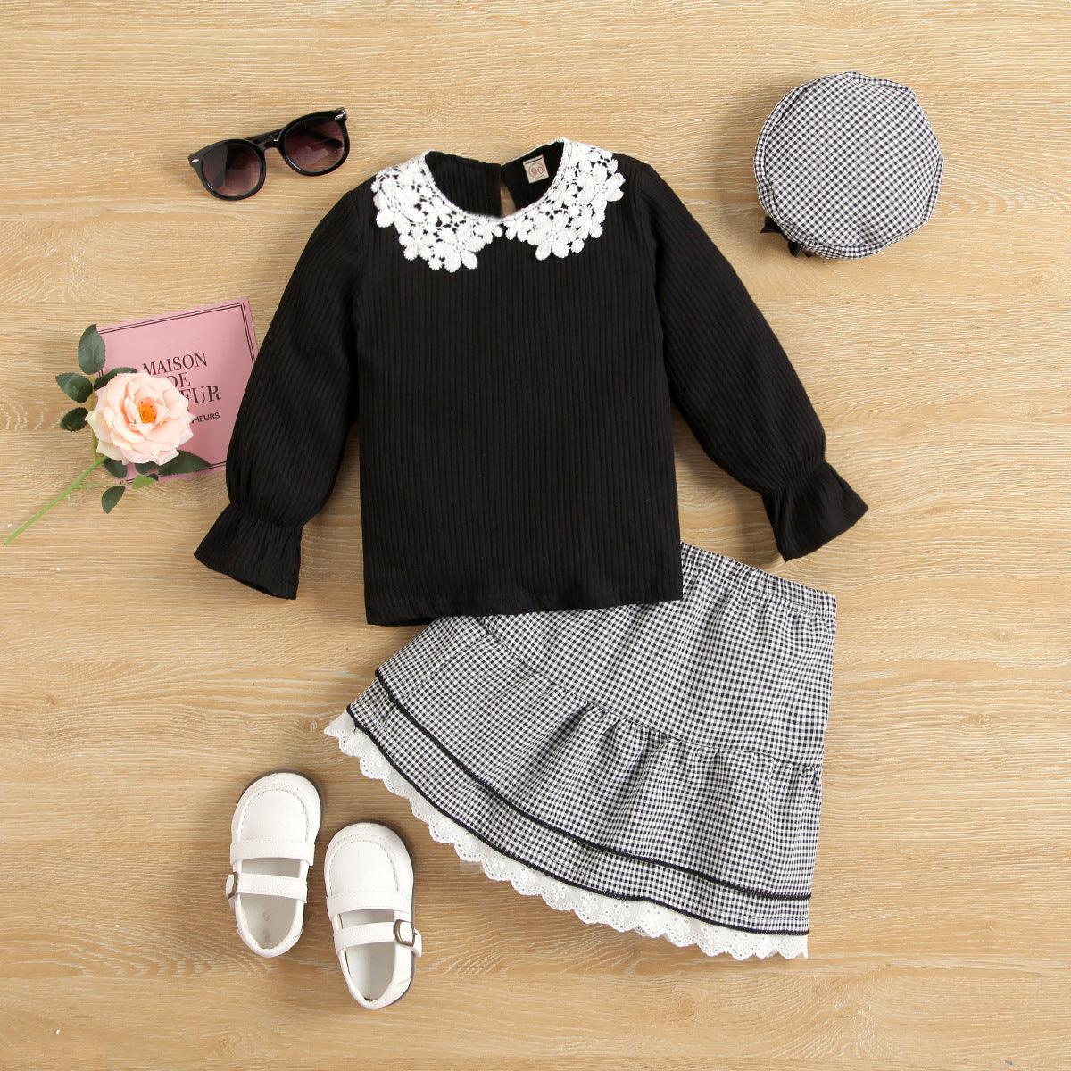 Toddler Kids Girls Long Sleeved Knitted Lace Neckline Top Lattice Lace Skirt Hat Three Pieces Set - PrettyKid