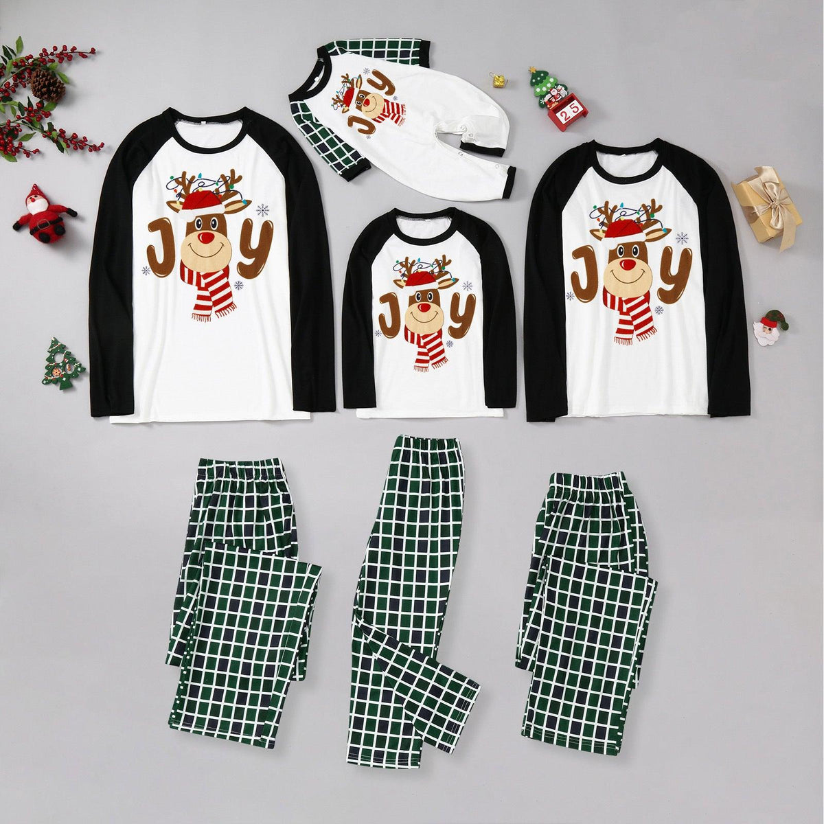 Mommy and Me Green Plaid Christmas Deer Print Pajama Set - PrettyKid