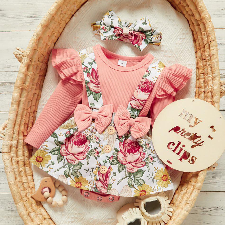 Baby Girls Solid Color Long Sleeve Jumpsuit Flower Print Suspender Skirt Bow Set - PrettyKid