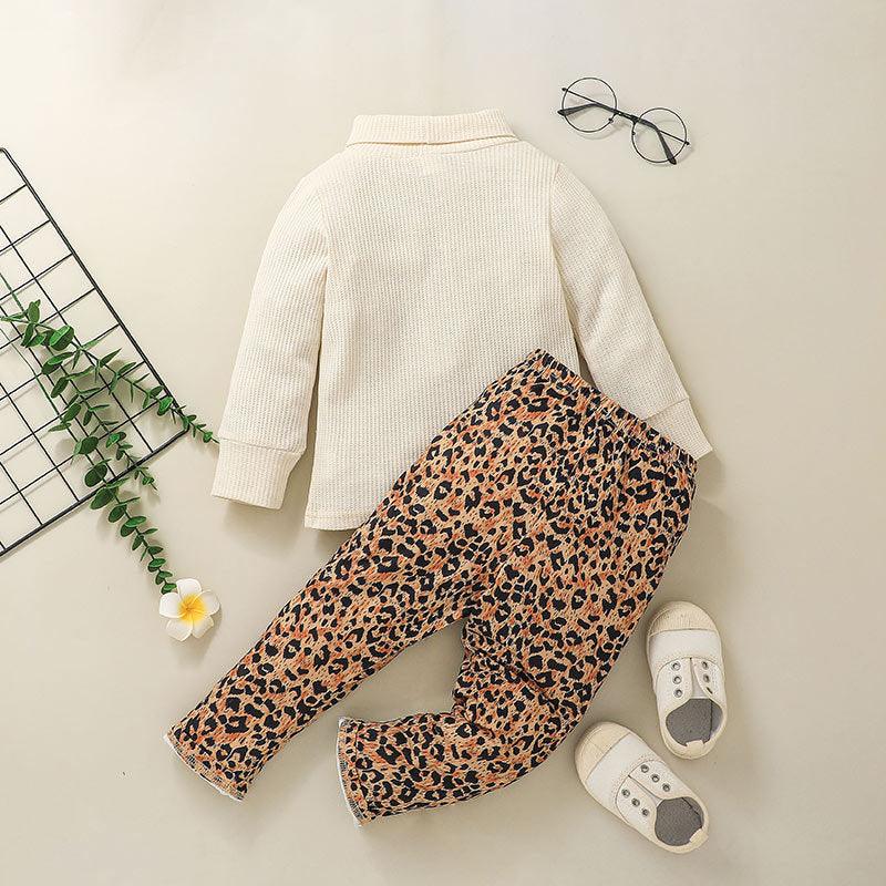 Toddler Kids Girls' Solid Color High Collar Top Leopard Print Pants Set - PrettyKid