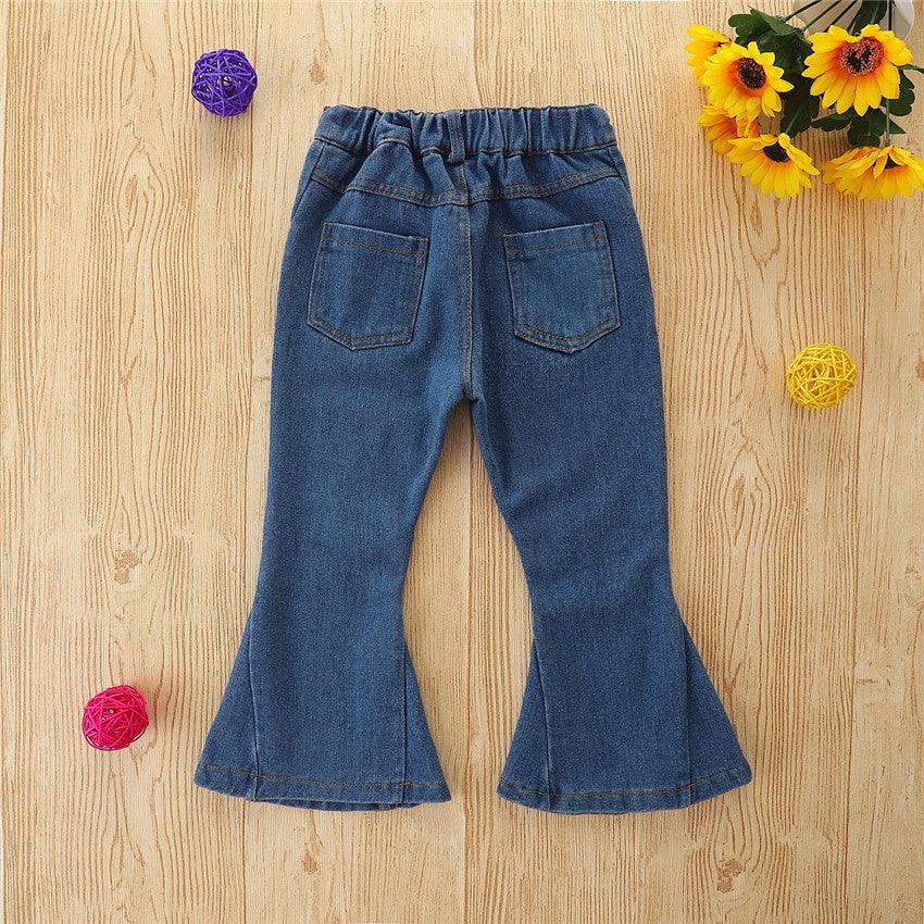 Toddler Kids Girls' Butterfly Embroidered Denim Flared Pants - PrettyKid