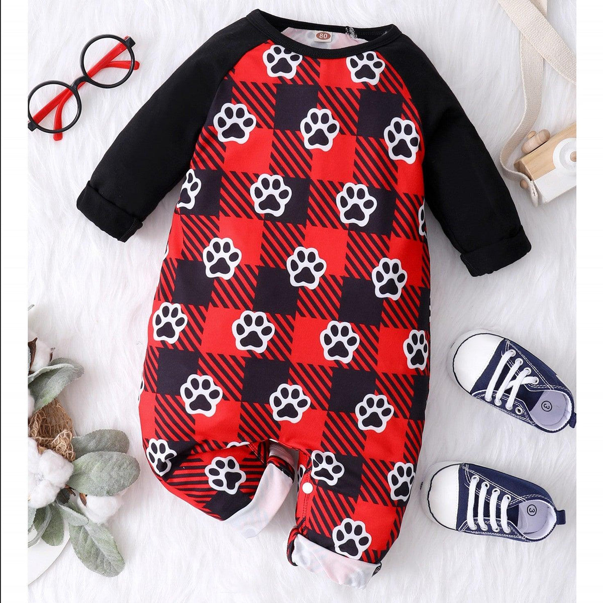 Baby Boys Cute Footprints Printed Plaid Long Sleeve Jumpsuit - PrettyKid