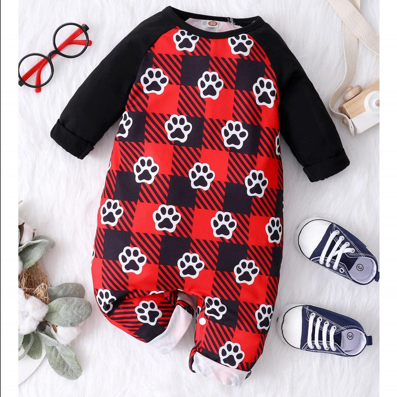 Baby Boys Cute Footprints Printed Plaid Long Sleeve Jumpsuit - PrettyKid