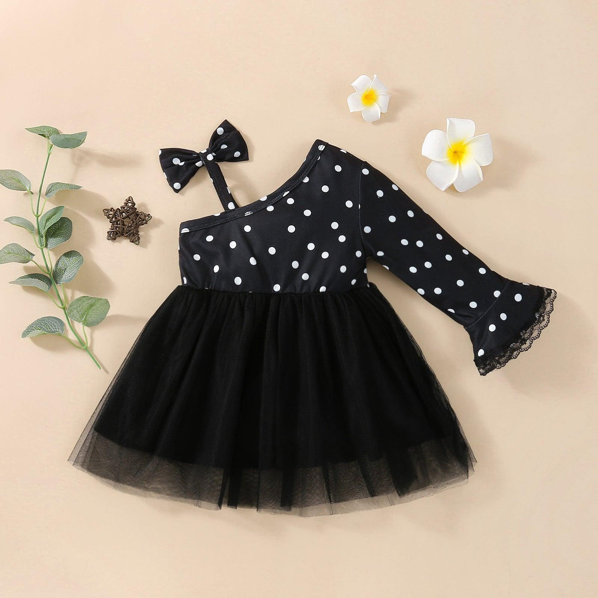 Toddler Girls Polka Dot One Shoulder Mesh Stitched Dress - PrettyKid