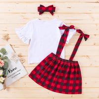 Toddler Kids Girls Solid Color Love Letters Short-sleeved Top Plaid Print Straps Skirt Set - PrettyKid