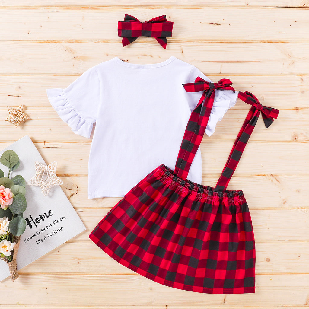 Toddler Kids Girls Solid Color Love Letters Short-sleeved Top Plaid Print Straps Skirt Set - PrettyKid