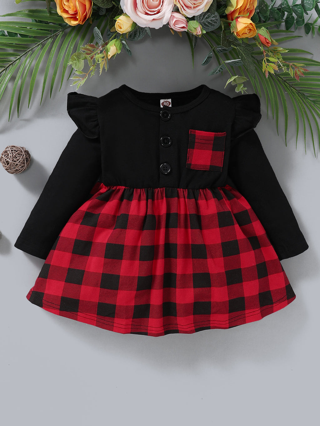 Toddler Girls Solid Plaid Stitched Long Sleeve Dress - PrettyKid