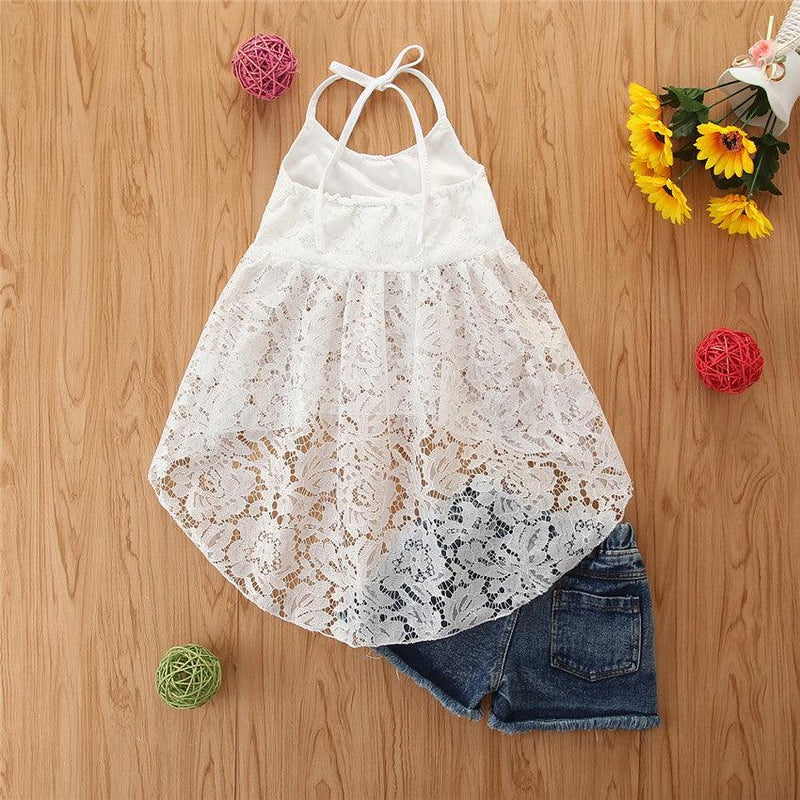 Trendy fashion sling lace irregular tuxedo top and denim shorts Vendors - PrettyKid