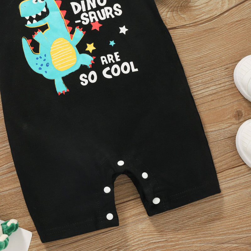 Baby Boys Letter Cartoon Dinosaur Print Short Sleeve Jumpsuit - PrettyKid