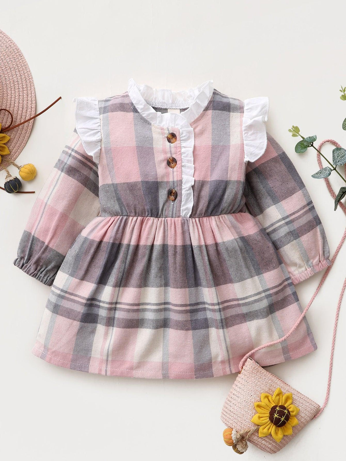 Toddler Girls Long Sleeve Pink Plaid Printed Ruffle Lovely Dress - PrettyKid