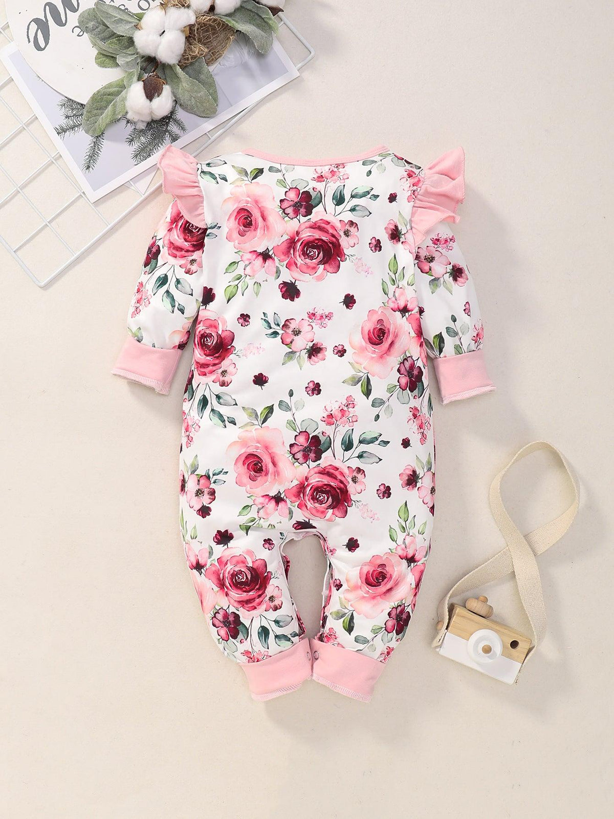 Baby Girls' One-piece Clothes Autumn and Winter Infant Children's Long Sleeved Rose Printed Ha Clothes Flower One-piece Climbing Clothes - PrettyKid