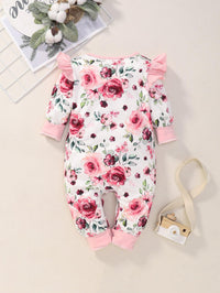 Baby Girls' One-piece Clothes Autumn and Winter Infant Children's Long Sleeved Rose Printed Ha Clothes Flower One-piece Climbing Clothes - PrettyKid