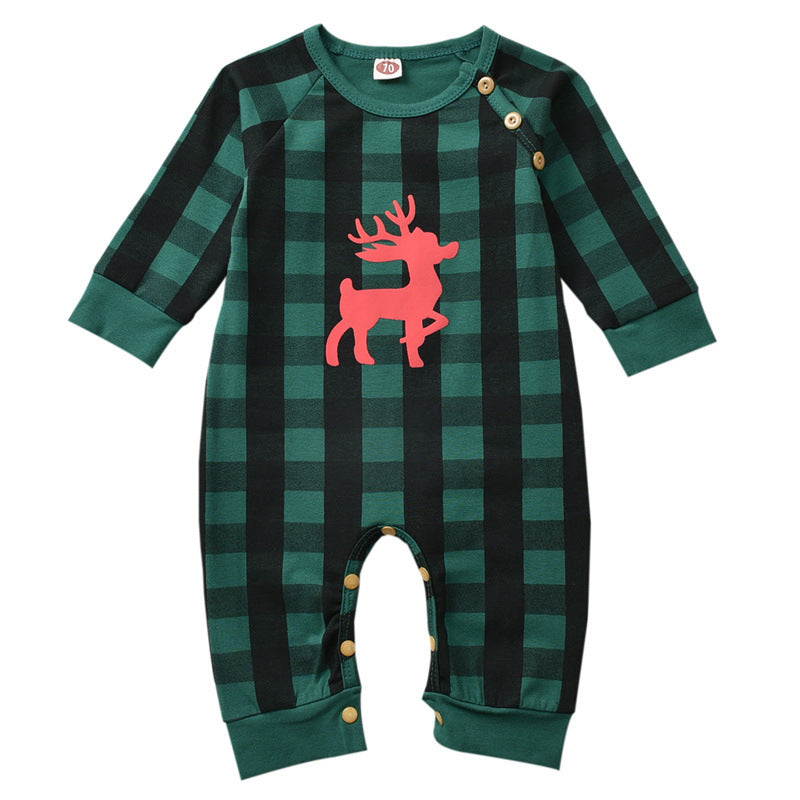 Baby Boys Girls Plaid Print Christmas Deer Long-sleeved Jumpsuit - PrettyKid