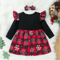 Baby Girls Snowflake Print Red Plaid Bow Dress Christmas Dress - PrettyKid