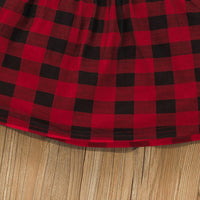 Christmas Dress Long Sleeve Strap Red Plaid Elk Skirt Set - PrettyKid