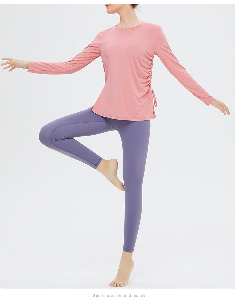 Women Round Neck Yoga Wear Loose Long-sleeved Sports Tops Thin Running Fitness Wear Single Side Drawstring - PrettyKid