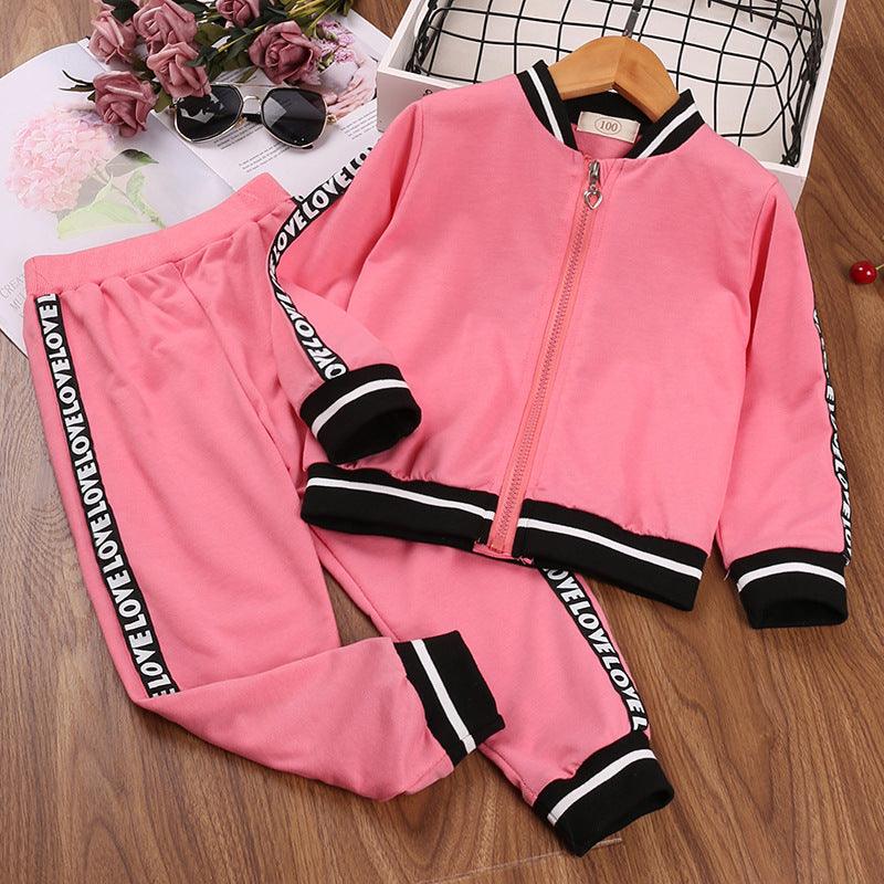 Toddler Kids Girls Solid Color Letters Stitching Baseball Suit Tops Pants Set - PrettyKid