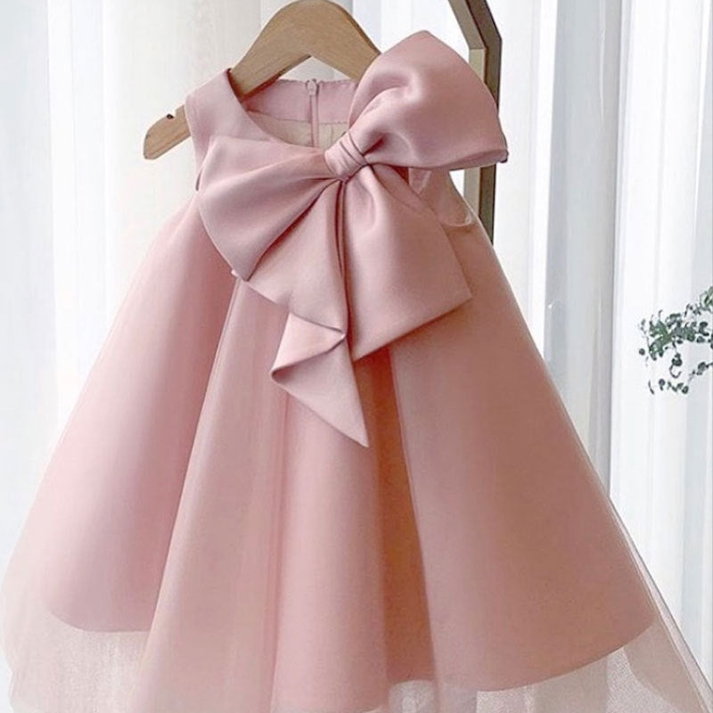 9M-5Y Toddler Girls Formal Dresses Large Bow Solid Color Sleeveless Mesh Wholesale Toddler Clothing - PrettyKid