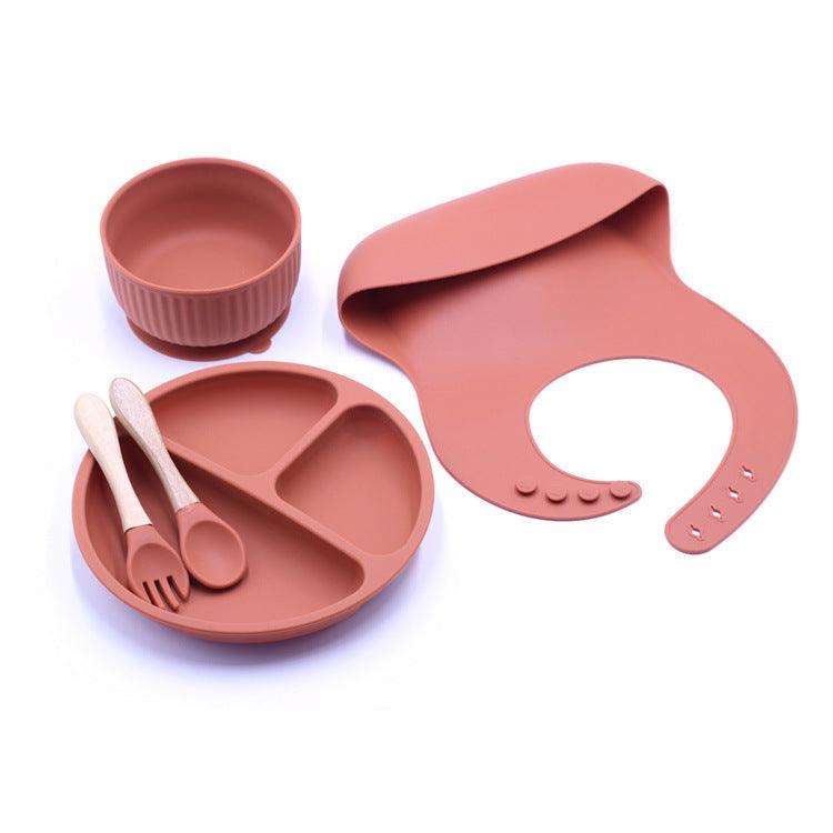 2021 New Silicone Children's Pocket Silicone Bibs & Bowl & Spoon & Fork & Plate Set - PrettyKid