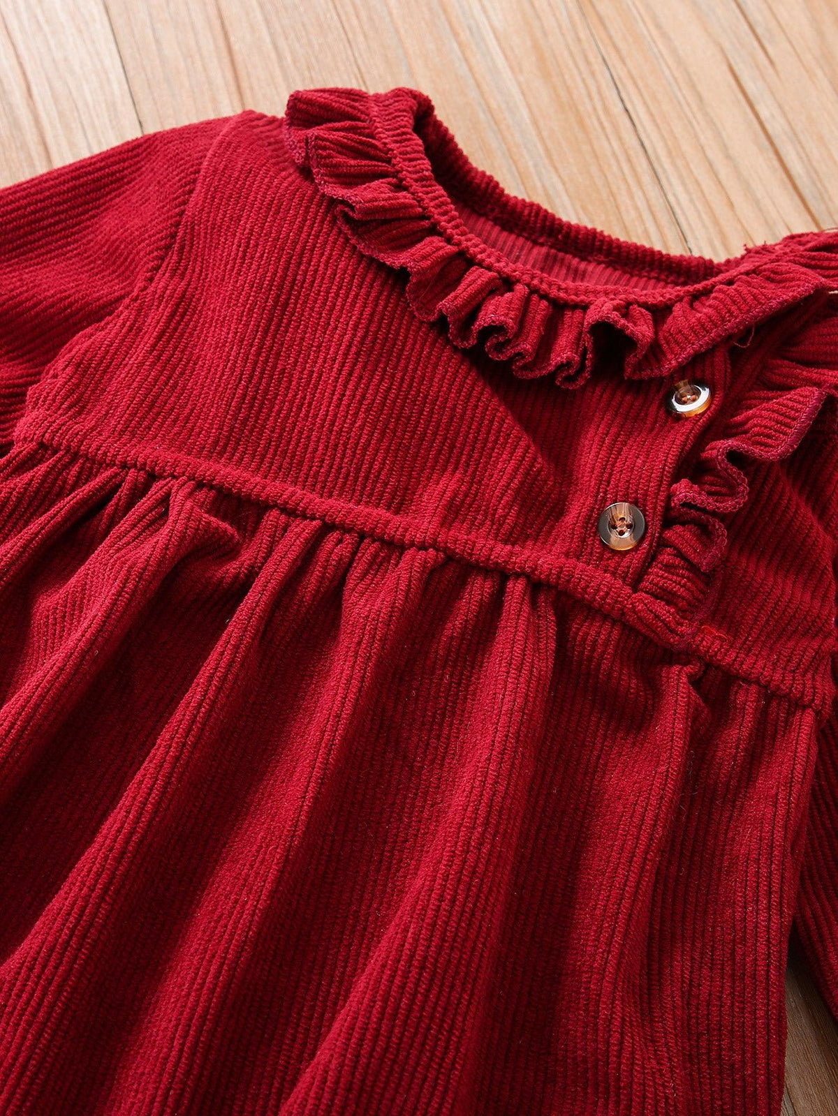 Baby Girls Corduroy Red Lace Neckline Diagonal Buckle Jumpsuit - PrettyKid