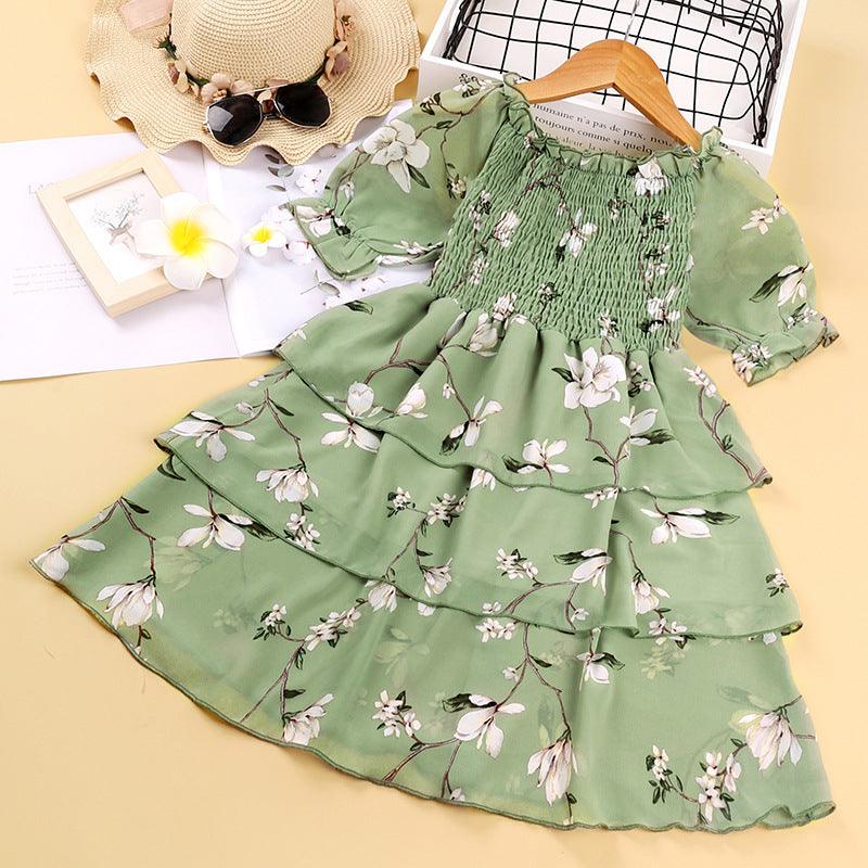 Kids Girls Solid Flower Print Short Sleeve Cake Dress - PrettyKid