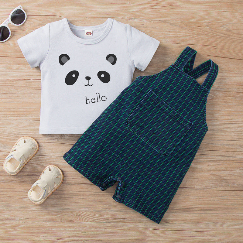 2022 Summer Strappy Pants Set Panda Cotton Pants Set Summer Children's Clothing Denim Two-piece Suit Male Baby Clothes - PrettyKid