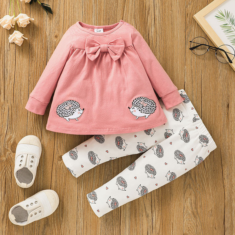 Toddler Girls' Cute Hedgehog Solid Color Bow Long-sleeved Tops and Pants Set - PrettyKid