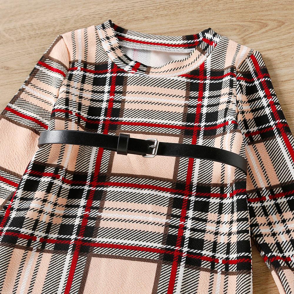 Autumn Children Girls Plaid Long Sleeve Dress with Belt - PrettyKid