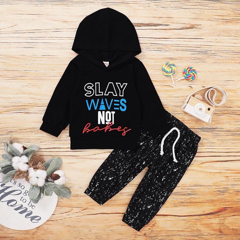 Toddler Kids Boys Letter Print Hooded Sweatshirt Black Long-sleeved Suit - PrettyKid