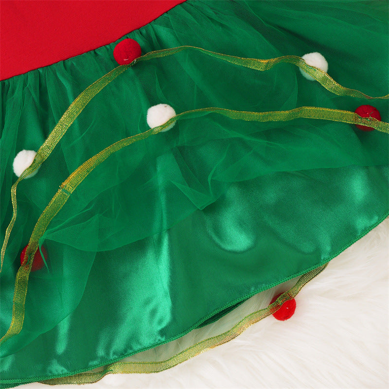 Toddler Kids Girls Solid Cartoon Christmas Tree Mesh Mosaic Wool Ball Dress - PrettyKid