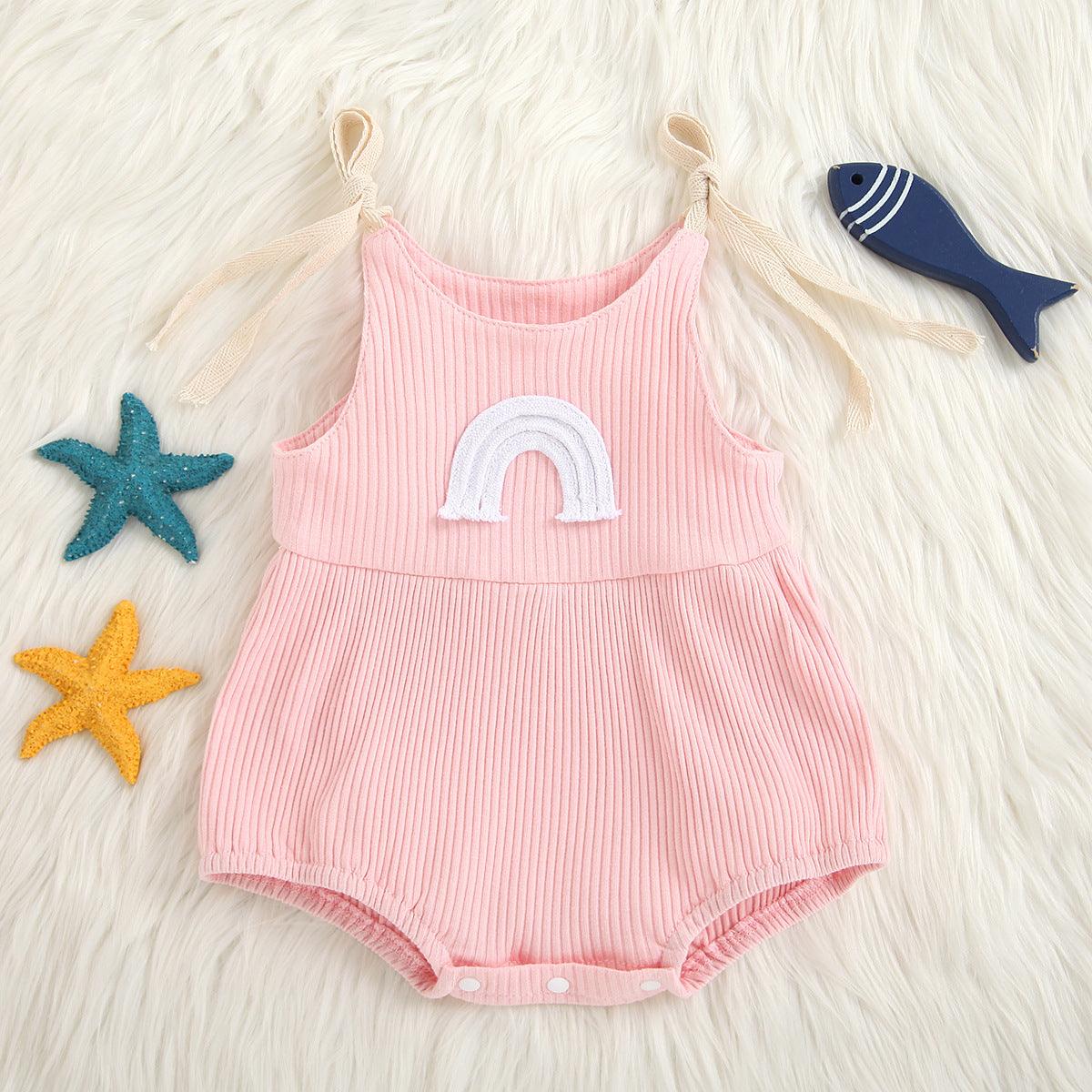 Baby Boys Girls Solid Color Knitted Rainbow Embroidery Suspender Bodysuit - PrettyKid