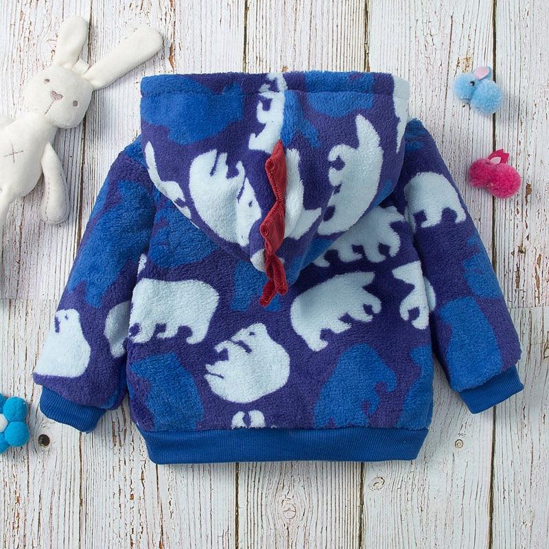 Toddler Kids Boys Cartoon Dinosaur Zipper Hooded Flannel Jacket - PrettyKid