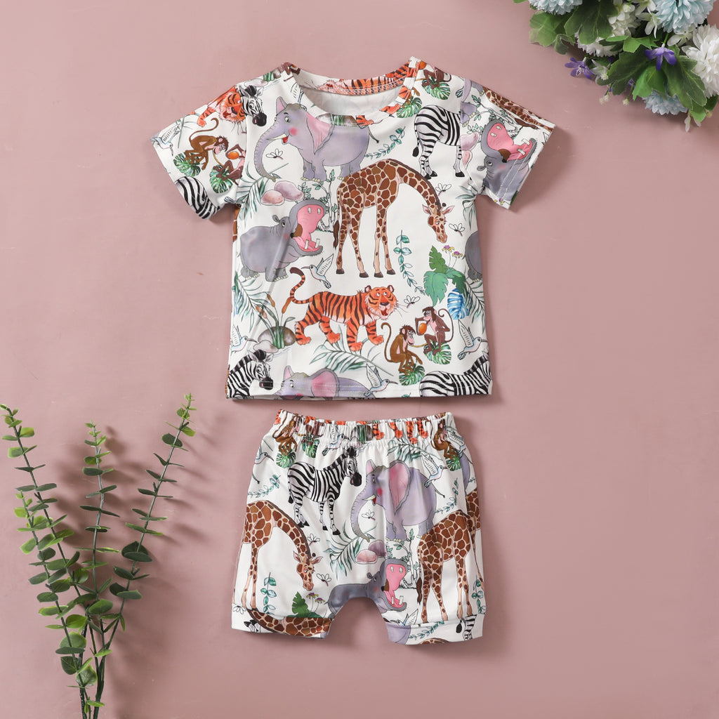 Toddler Boys Summer Cartoon Animal Print Short Sleeve T-shirt Shorts Set - PrettyKid
