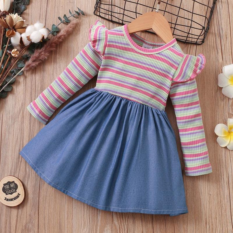 Toddler Kids Girls Color Striped Denim Stitched Long Sleeve Dress - PrettyKid