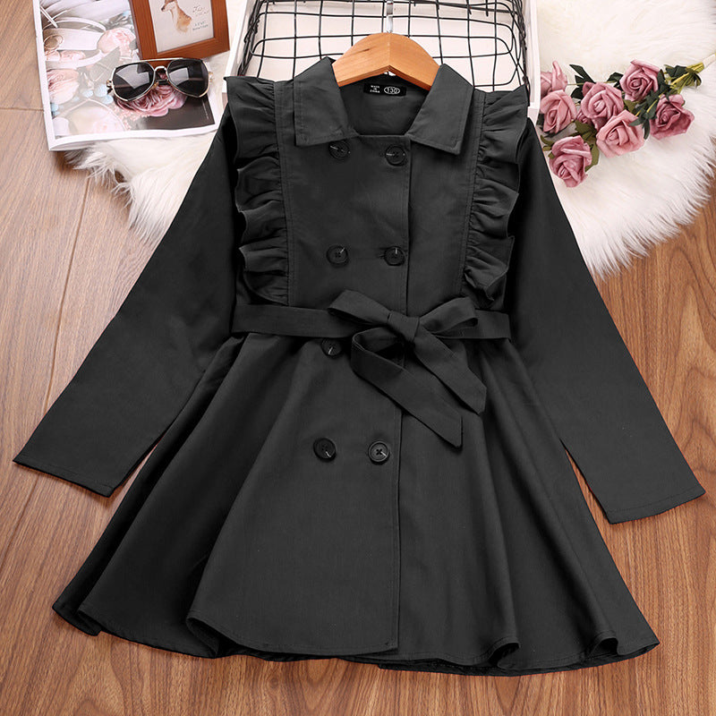 Children Girls Solid Color Lapel Lace Double Breasted Long Sleeved Windbreaker Coat - PrettyKid