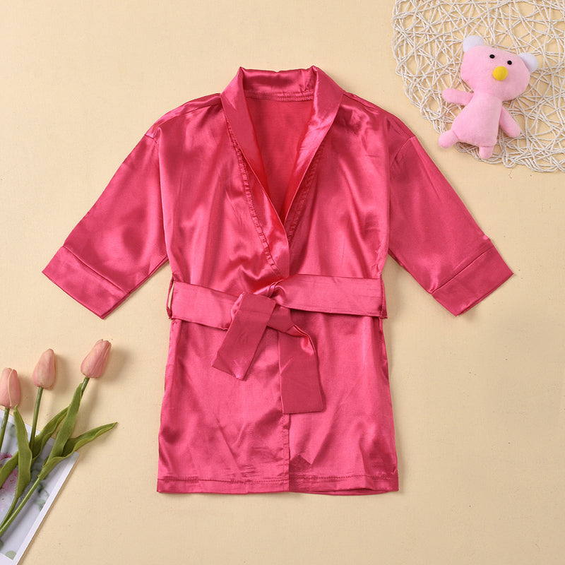 Toddler Kids Girls Solid Satin V-neck Lace Up Long Sleeve Nightgown Pajamas - PrettyKid