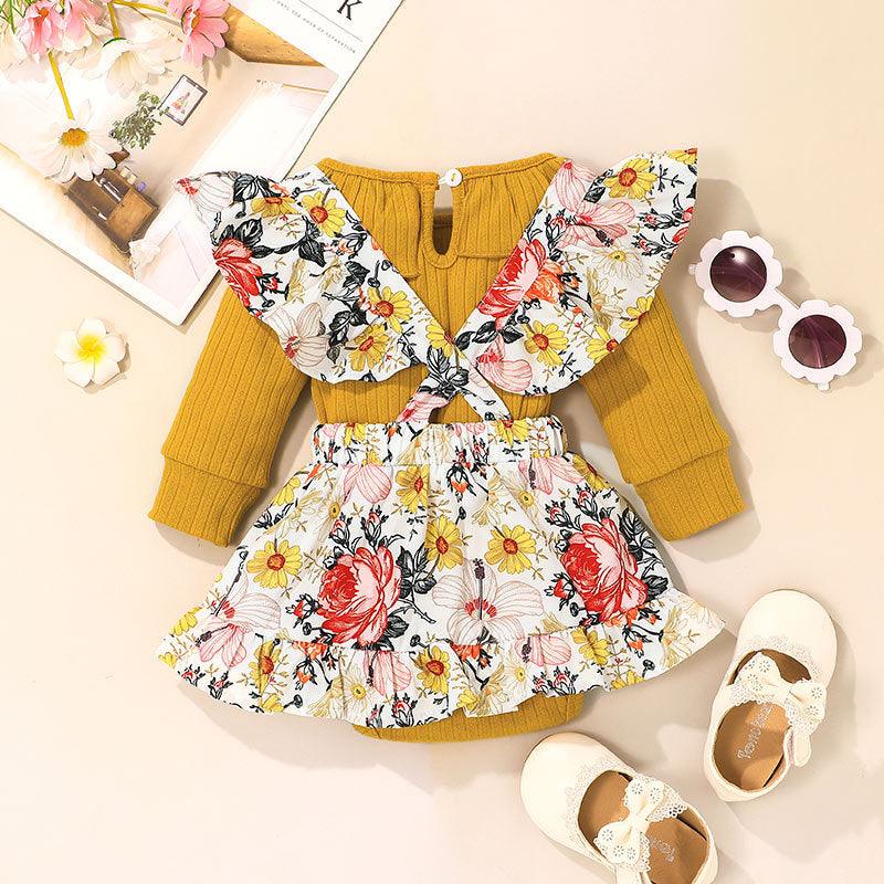 Baby Girls Solid Color Long Sleeve One-piece Dress Flower Print Suspender Skirt Set - PrettyKid