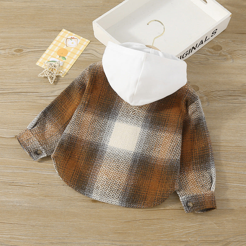 Toddler Kids Brown Plaid Hooded Button Up Shirt Coat - PrettyKid