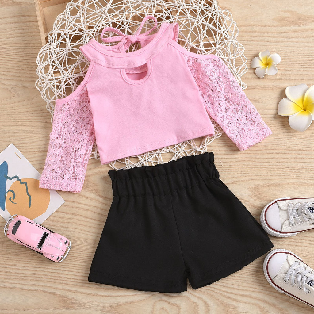 Toddler Girls Pink Lace Sleeves Off Shoulder Top Black Shorts Set - PrettyKid
