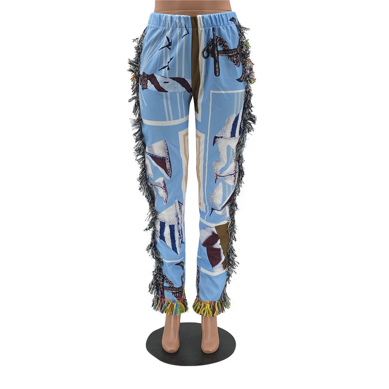 Women's Colorful Fringed Flannel Pants- Blue - PrettyKid