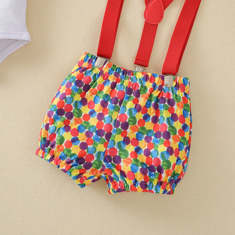 9-18M Baby Sets Birthday Multicolor Stone Print Bodysuit & Suspender Shorts Wholesale Baby Clothes - PrettyKid
