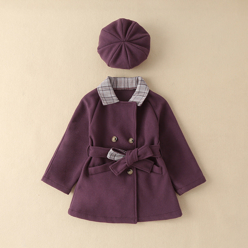 Toddler Kids Girls Solid Color Lapel Plaid Patchwork Coat Coat with Hat - PrettyKid