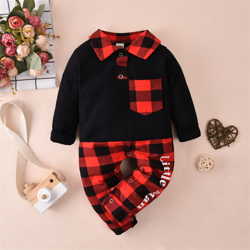 Baby Boys Plaid Stitching Solid Color Long-sleeved Small Gentleman Jumpsuit - PrettyKid