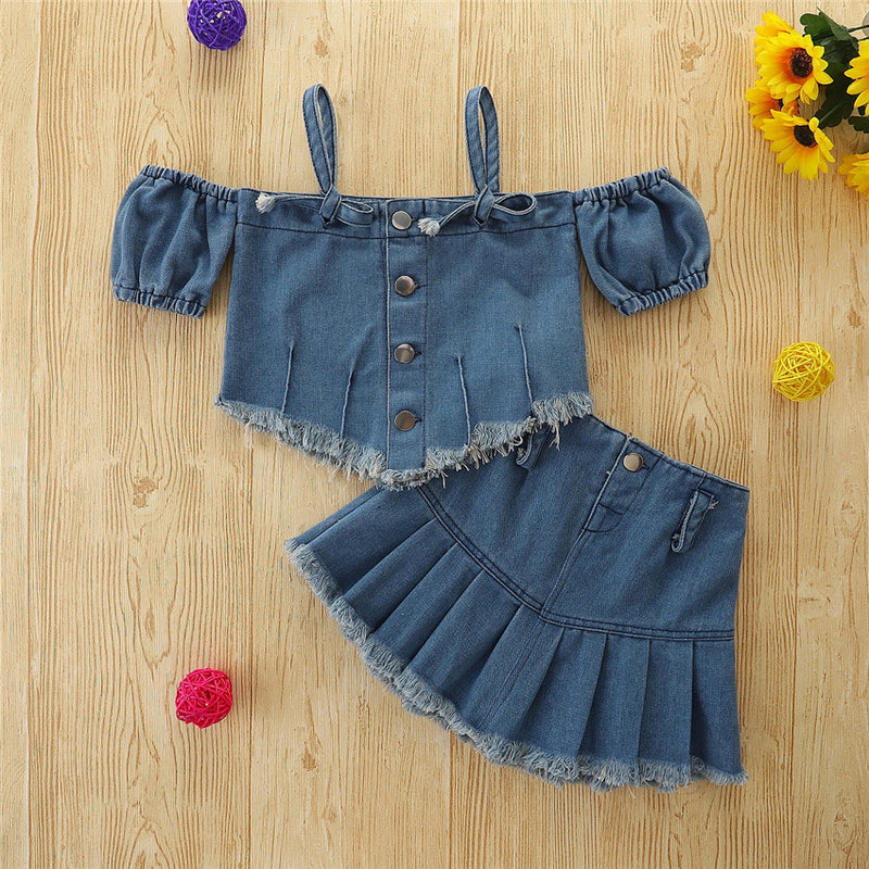 Toddler Kids Girl Solid Colour Camisole Top Pleated Skirt Denim Set - PrettyKid