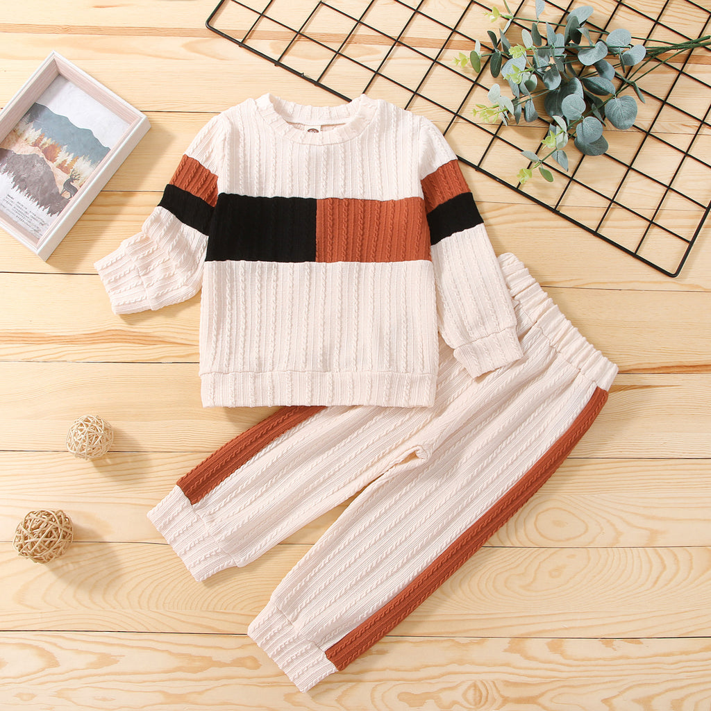 Children's Color Blocking Long Sleeved Trousers Knitted Sweater Set - PrettyKid